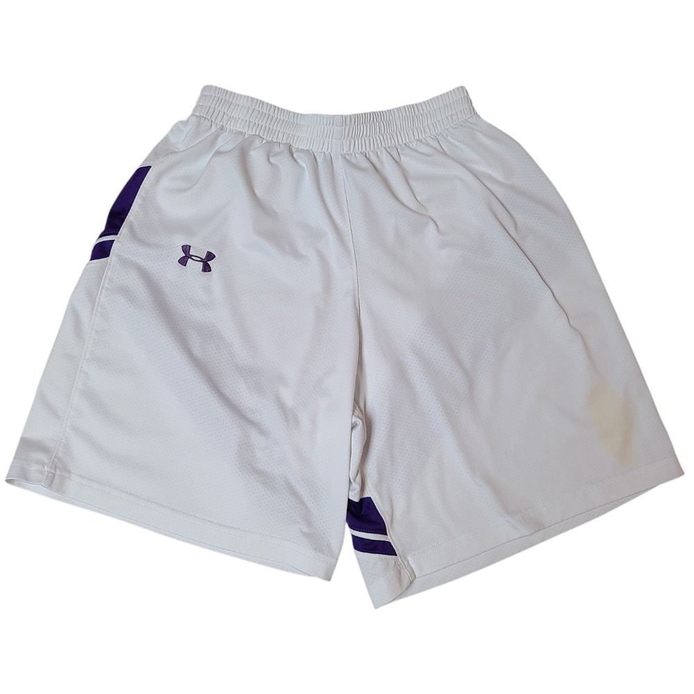 Under Armour Basketball Gym Shorts Mens Small White Mesh Purple Stripe Stretch